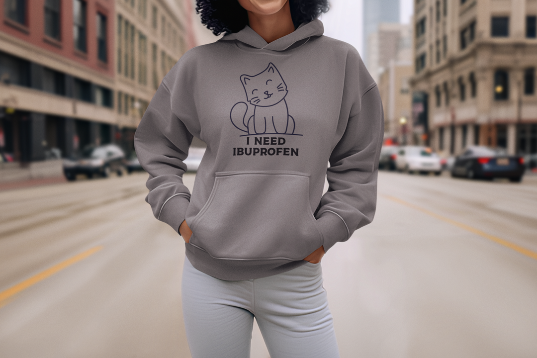 Cute Cat I Need Ibuprofen Hoodie, Unisex Sweatshirt for Cat Lovers, Cozy Gift for Pet Owners, Funny Sweatshirt, Comfortable Lounge Wear