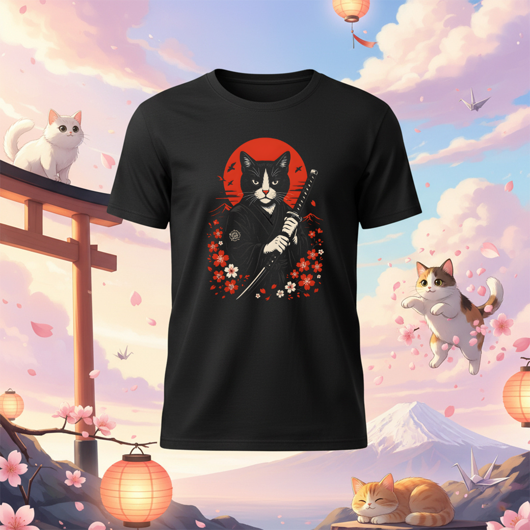 Black and White Samurai Cat Unisex T-Shirt