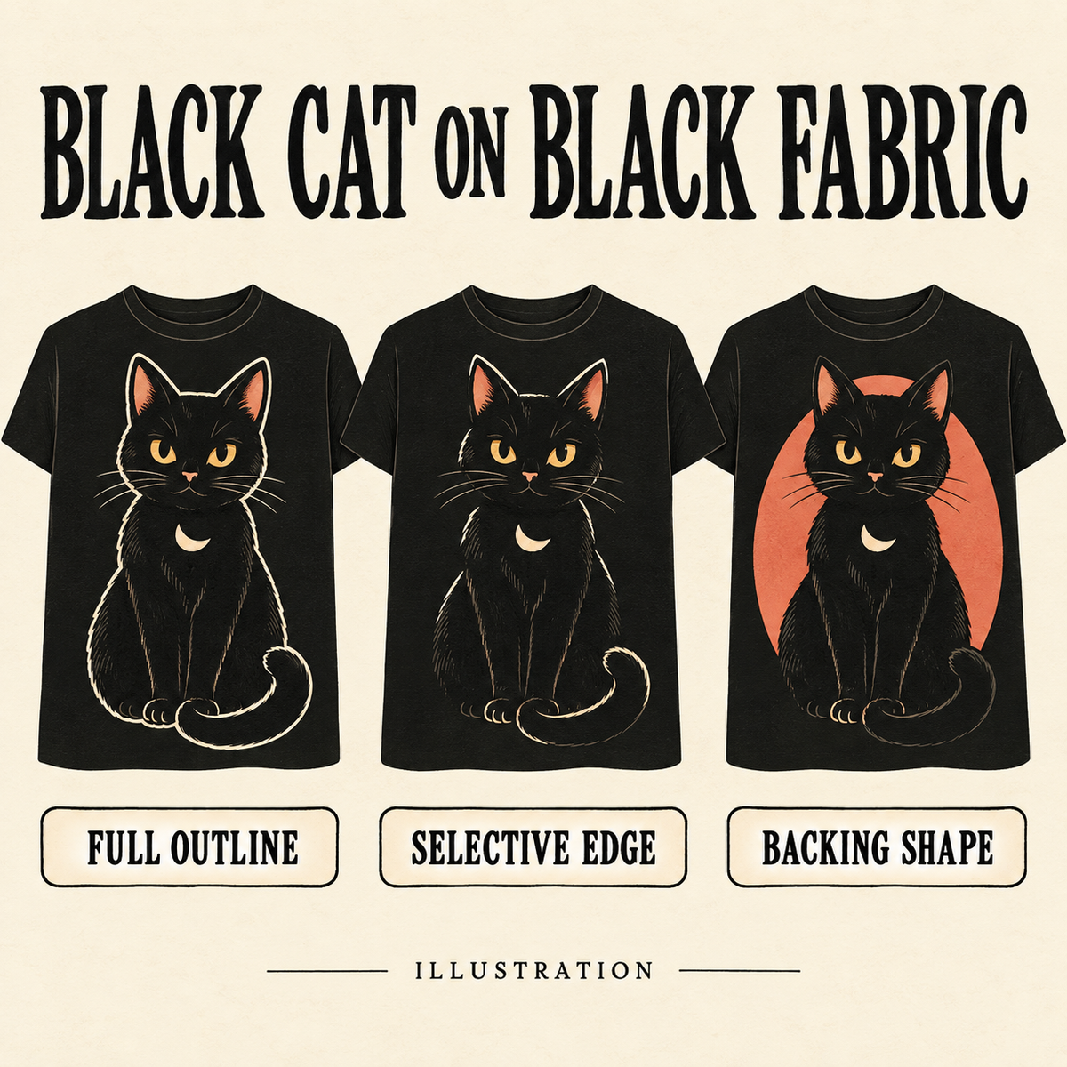 Editorial illustration comparing full outline, selective edge and backing-shape approaches for the same black cat on black fabric.