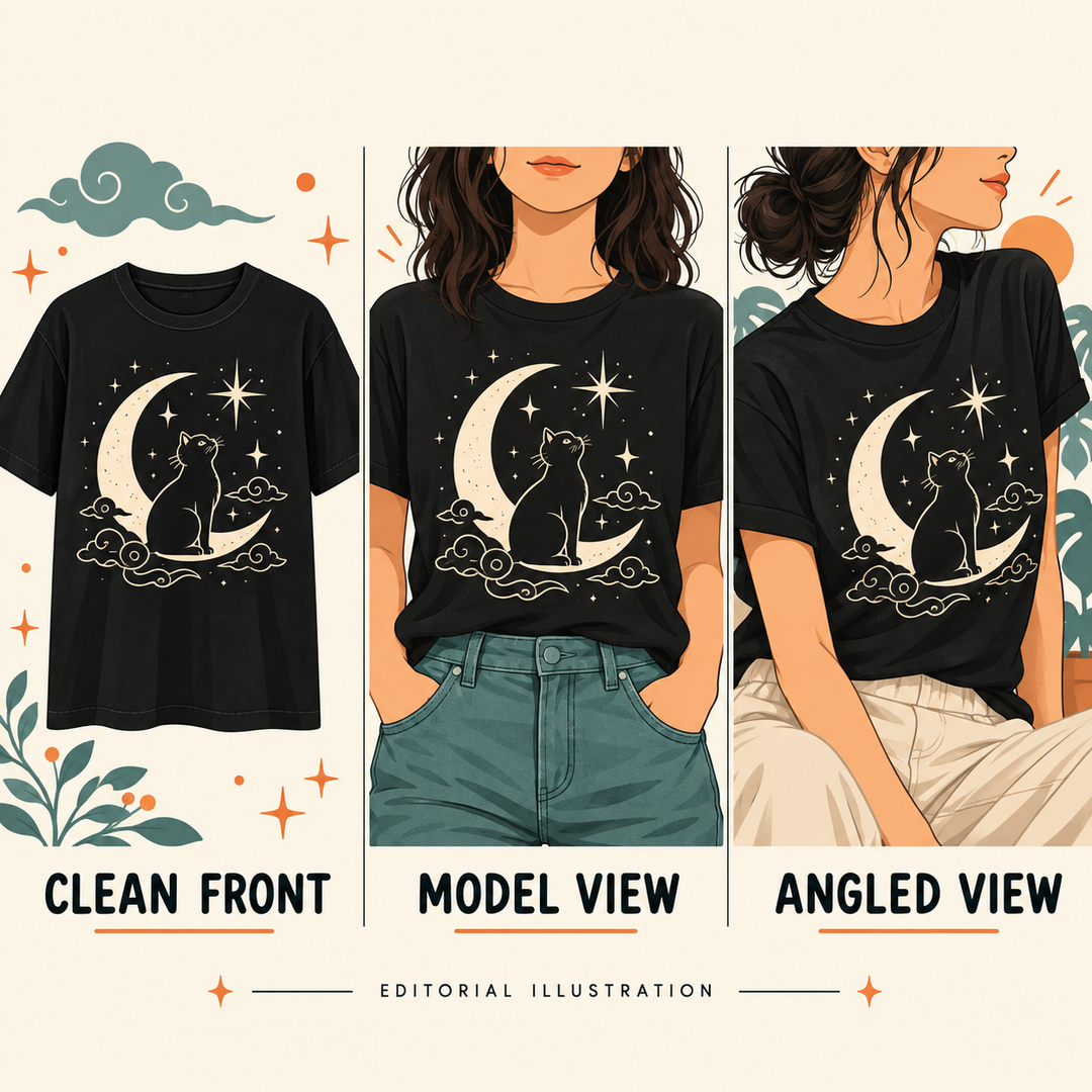 Editorial illustration comparing clean front, model and angled views of the same moon-cat graphic on a black T-shirt.