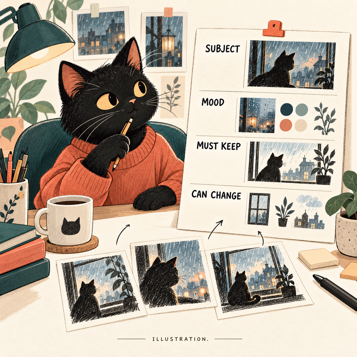 Editorial illustration of a cat creative director organizing subject, mood, must-keep and can-change fields for a rainy-window design brief.