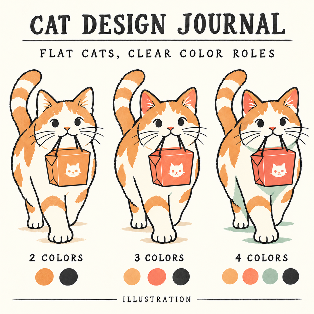 Editorial illustration comparing the same cat and takeout box with two, three and four assigned color roles.
