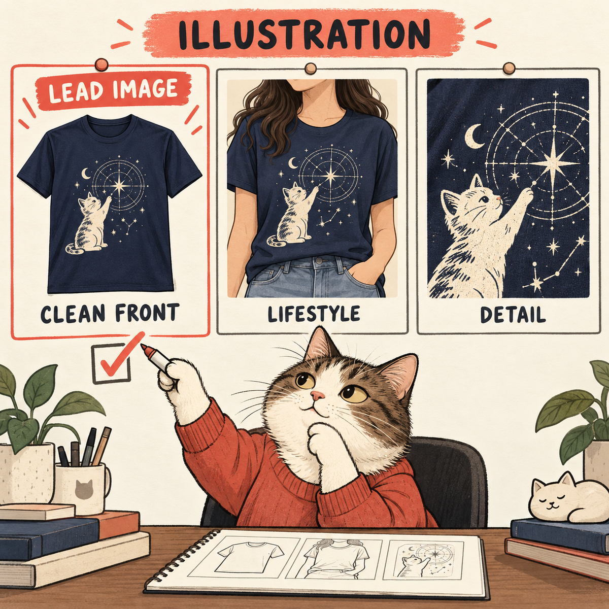 Editorial illustration of a cat editor choosing a clean front view over lifestyle and detail views for the same hypothetical astronomy-cat shirt.