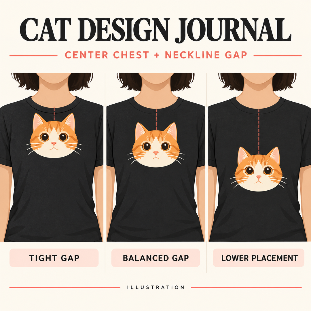 Editorial illustration comparing tight, balanced and lower neckline gaps for the same centered cat graphic on a shirt.
