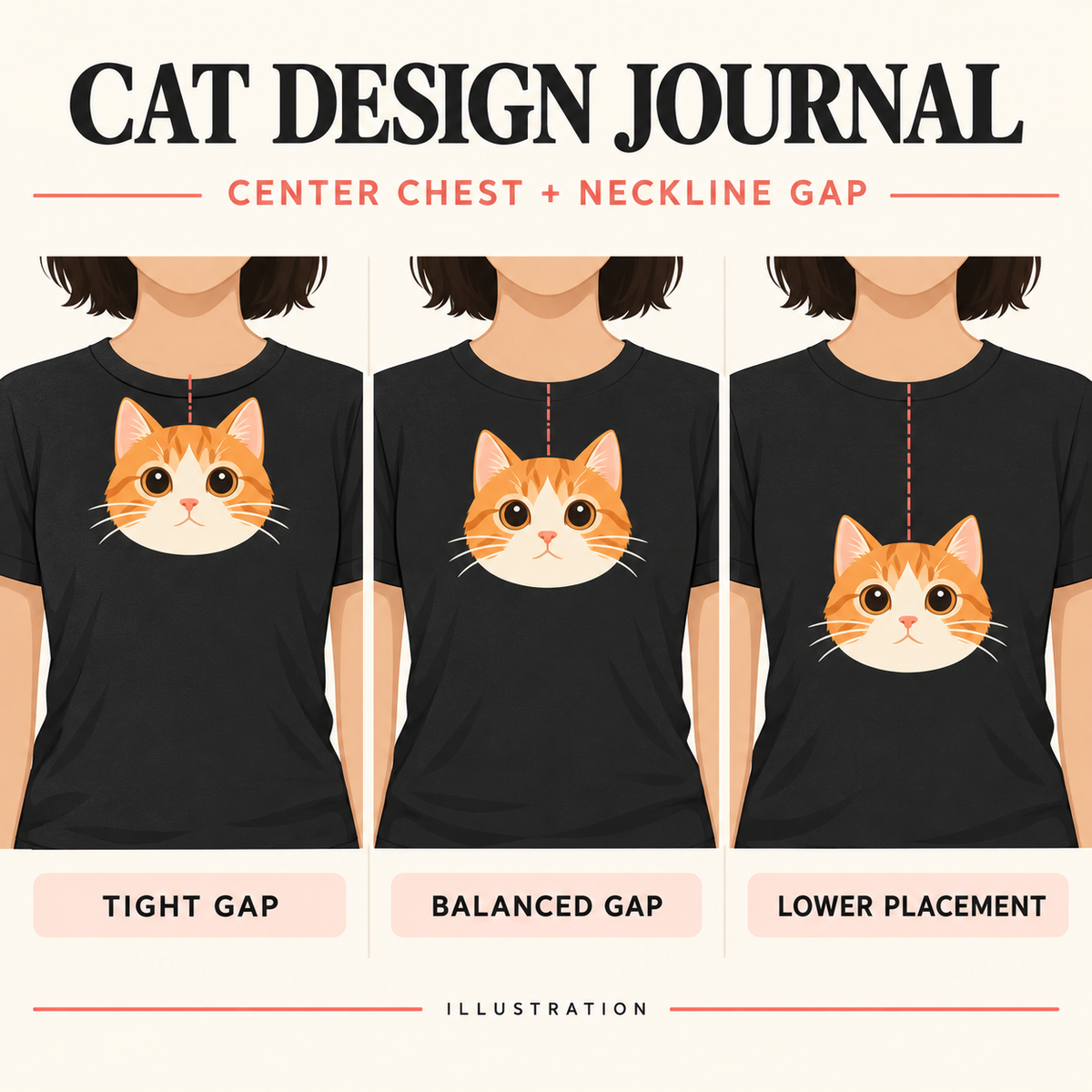 Editorial illustration comparing tight, balanced and lower neckline gaps for the same centered cat graphic on a shirt.