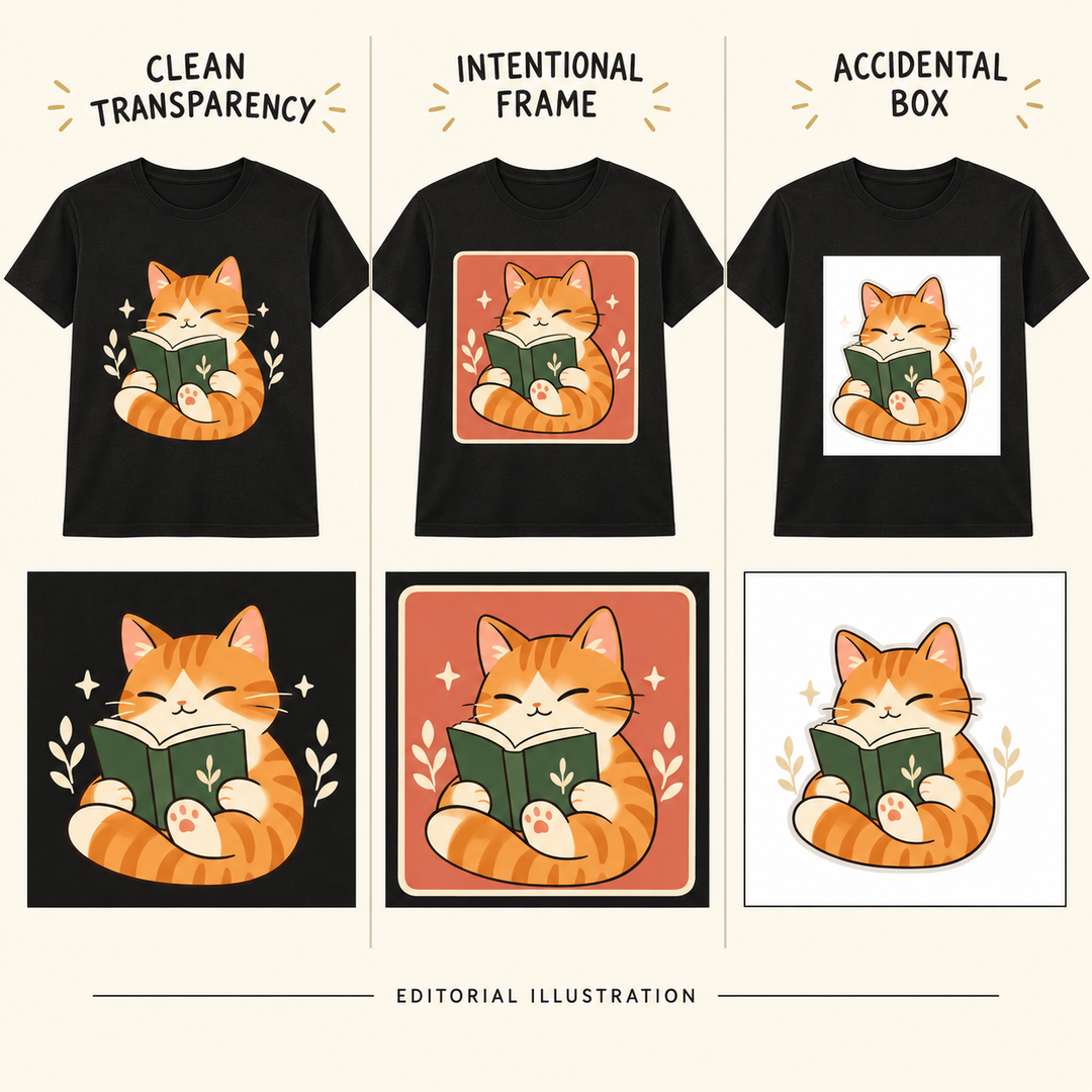 Editorial illustration comparing a transparent cat graphic, an intentional framed rectangle and an accidental white export box.