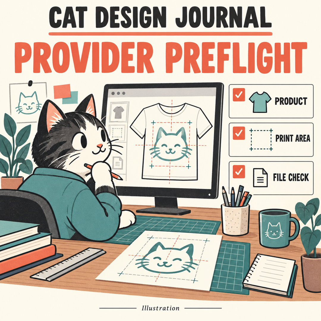 Editorial illustration of a cat designer checking product, print area and file details before provider handoff.