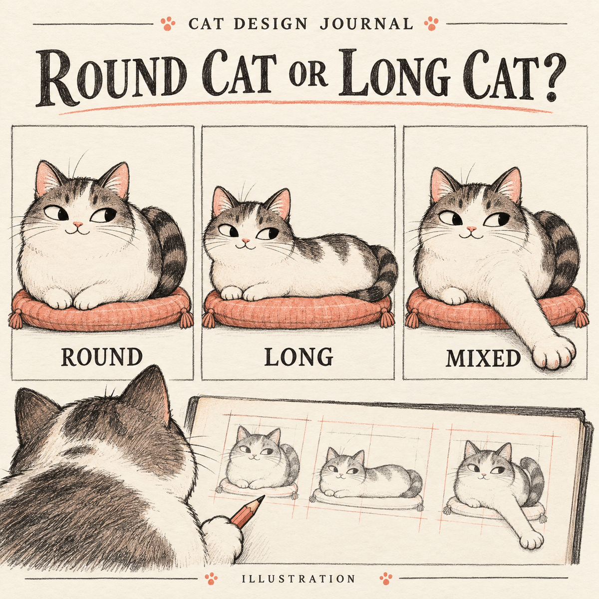 Editorial illustration comparing the same cat as round, long and mixed proportions on matching cushions.