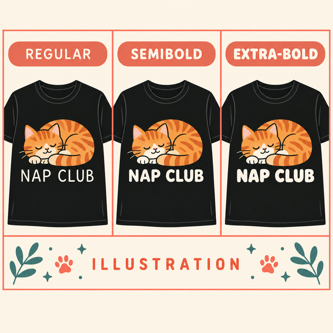 Editorial illustration comparing regular, semibold and extra-bold rounded sans serif NAP CLUB lettering with the same sleeping cat.