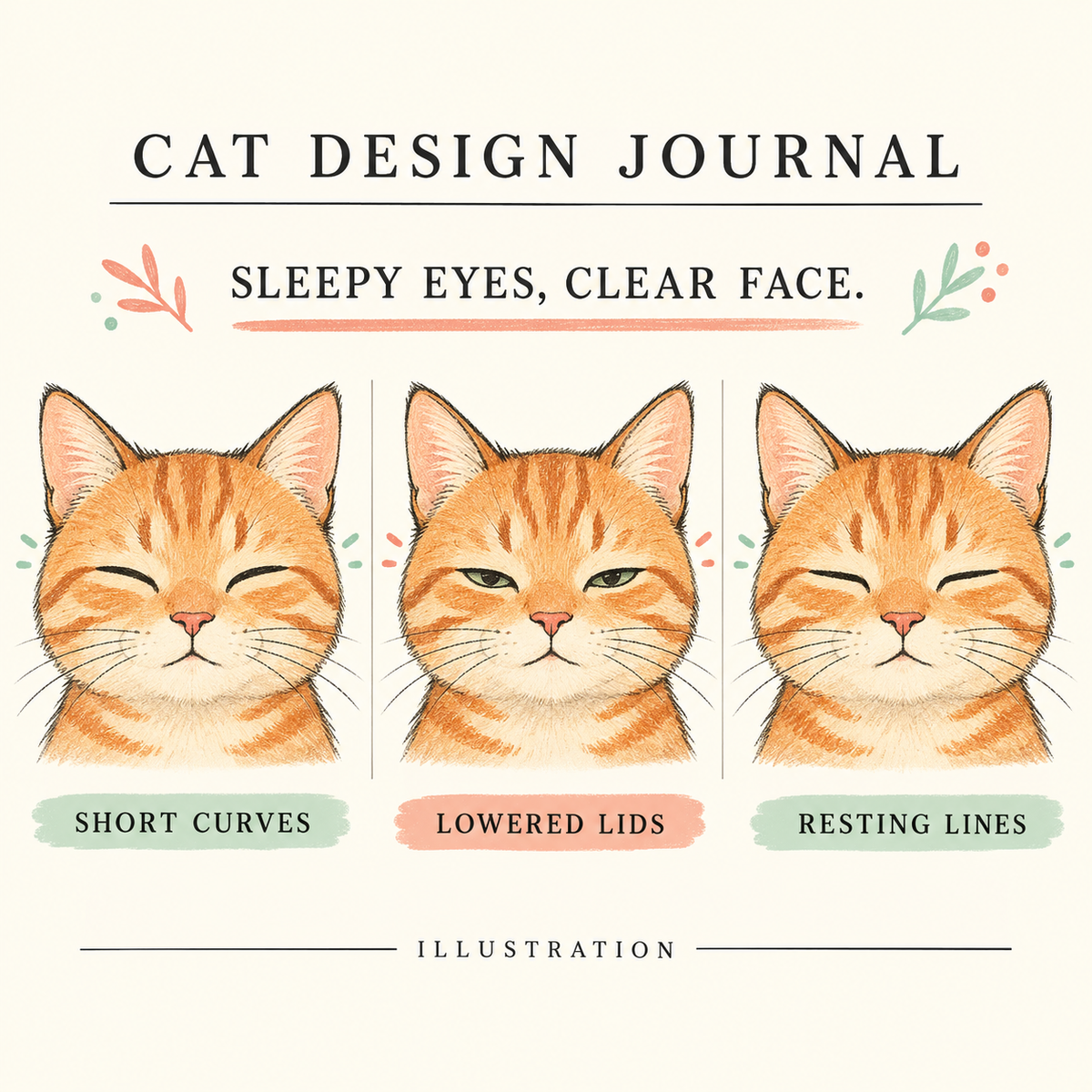 Editorial illustration comparing short curves, lowered lids and resting lines on the same sleepy orange cat face.