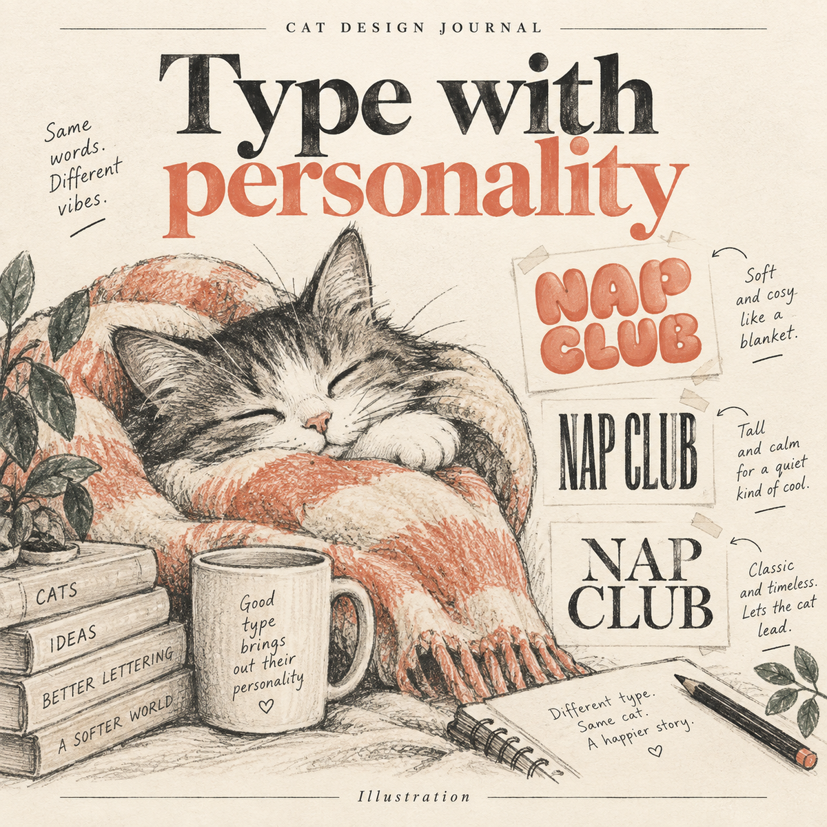 Editorial illustration of a sleepy cat beside rounded, condensed and serif NAP CLUB lettering studies.