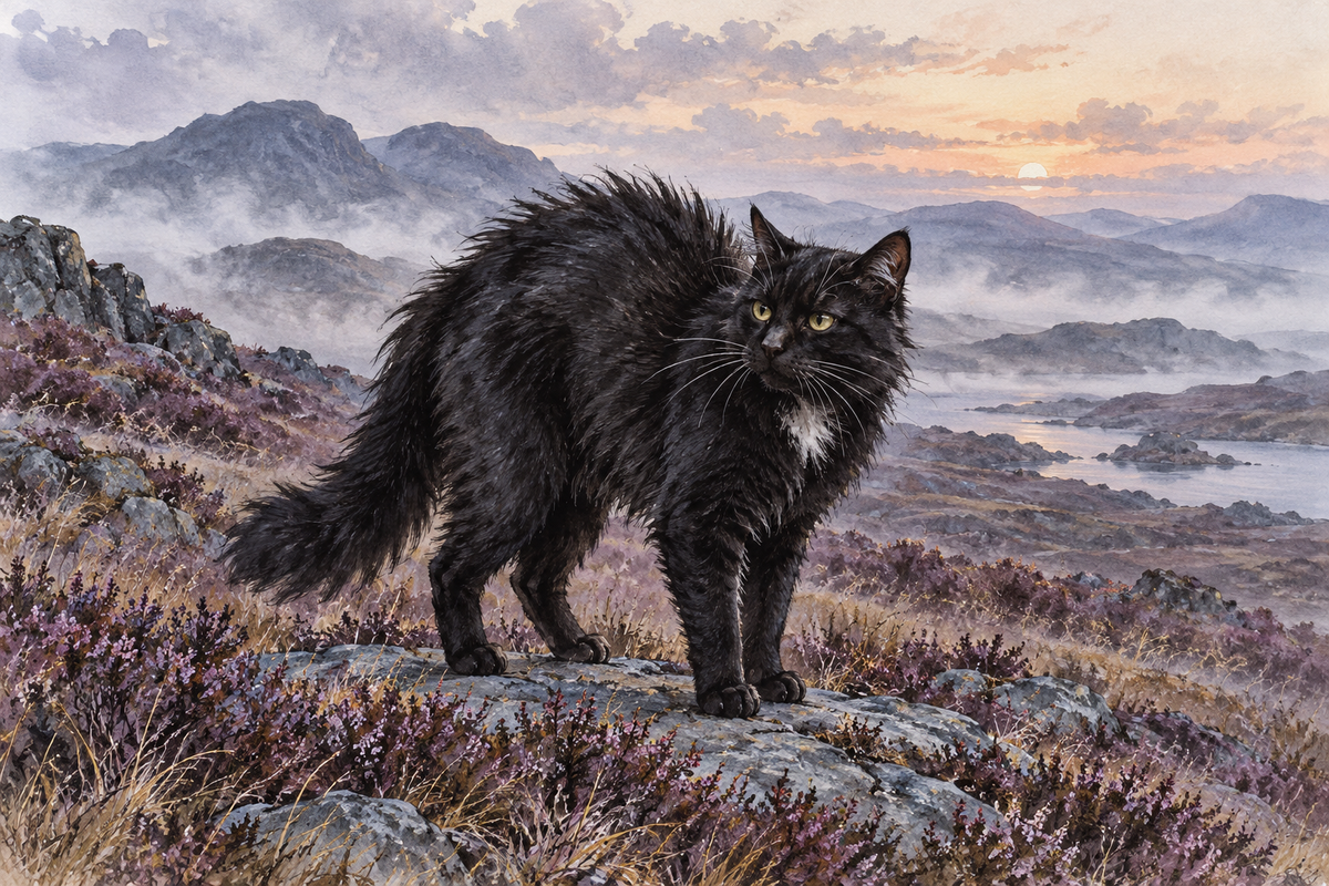 Original ink-and-watercolor interpretation of the Cat Sìth as a dark cat with a white chest patch in a misty moorland scene.