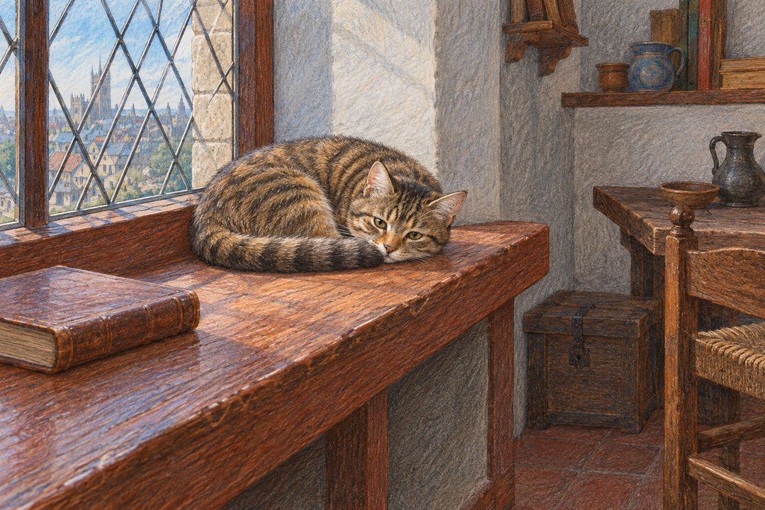 Original colored-pencil editorial reconstruction of a tabby resting on a windowsill in an imagined medieval study.
