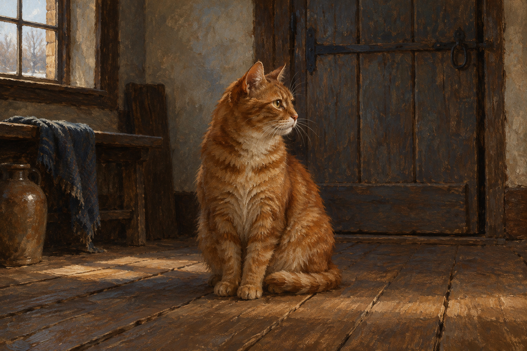 Original oil-style artistic reconstruction of a russet tabby in an imagined colonial New England interior.