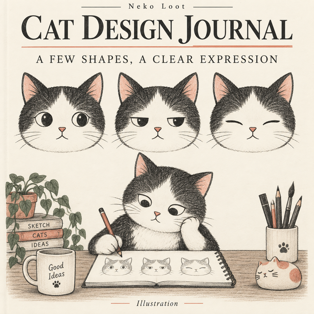 Editorial illustration of three matching cat heads with open, lowered and closed eyes, above a cat reviewing expression sketches.