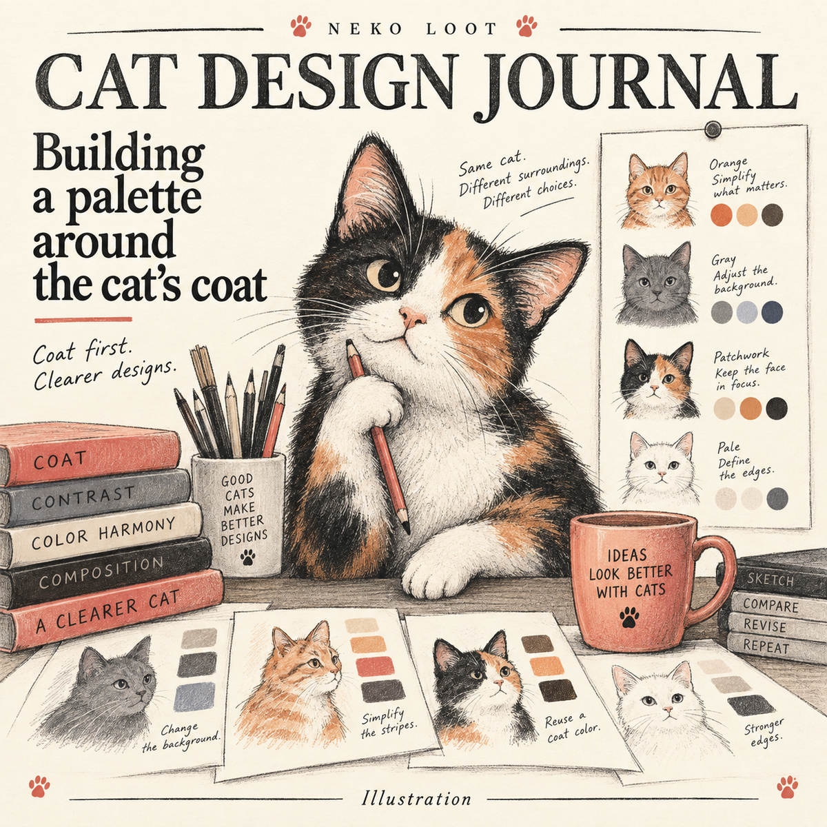 Editorial illustration of coat-based palette studies for orange, gray, patchwork and pale cats.