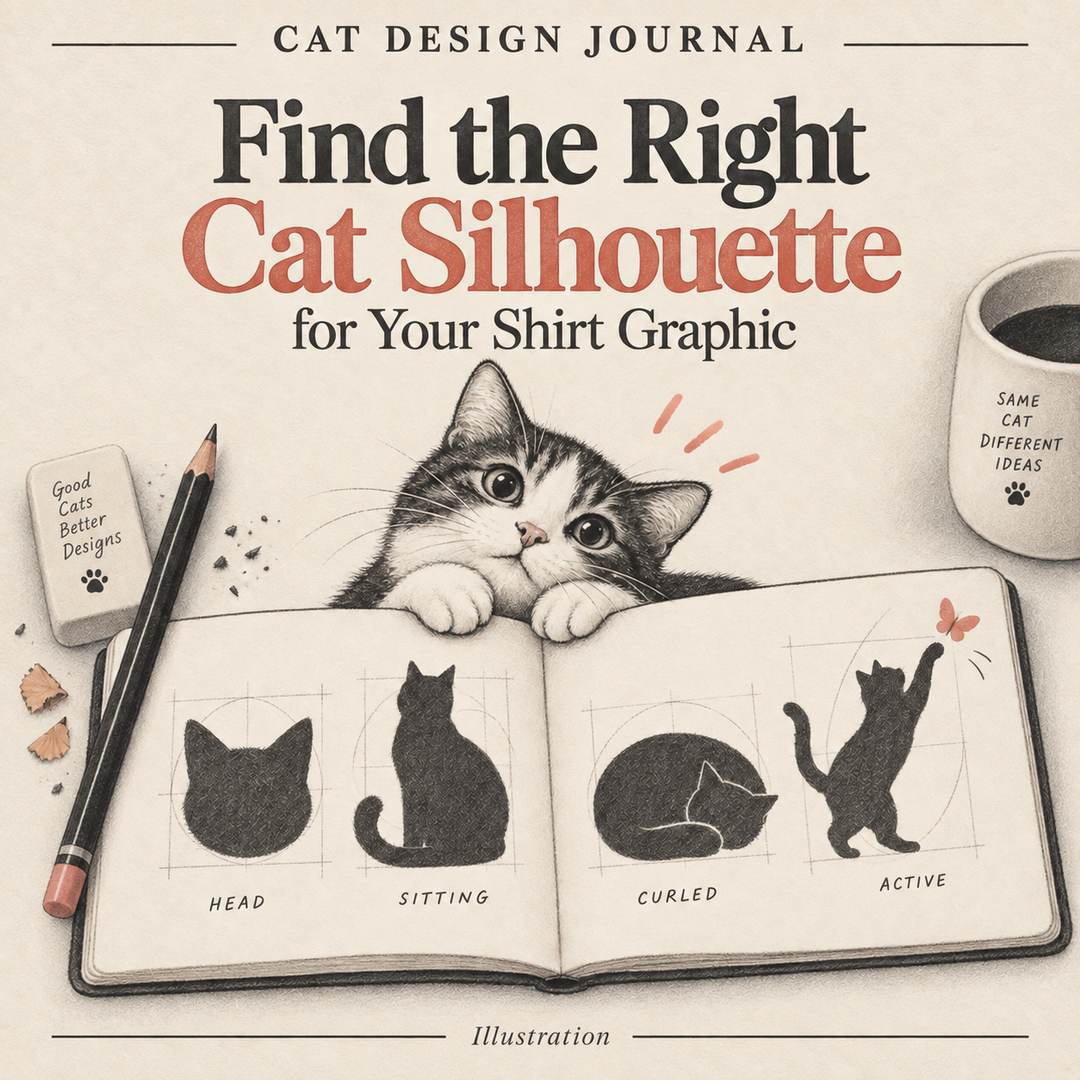 Illustrated sketchbook with head, sitting, curled and active cat silhouettes.