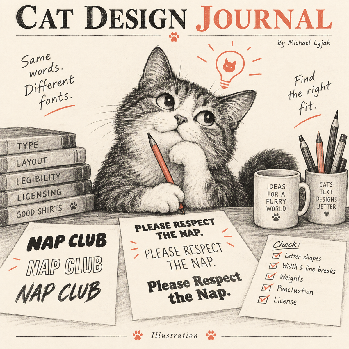 Illustration of a cat studying slogan letterforms, line breaks, punctuation and font-license checks.