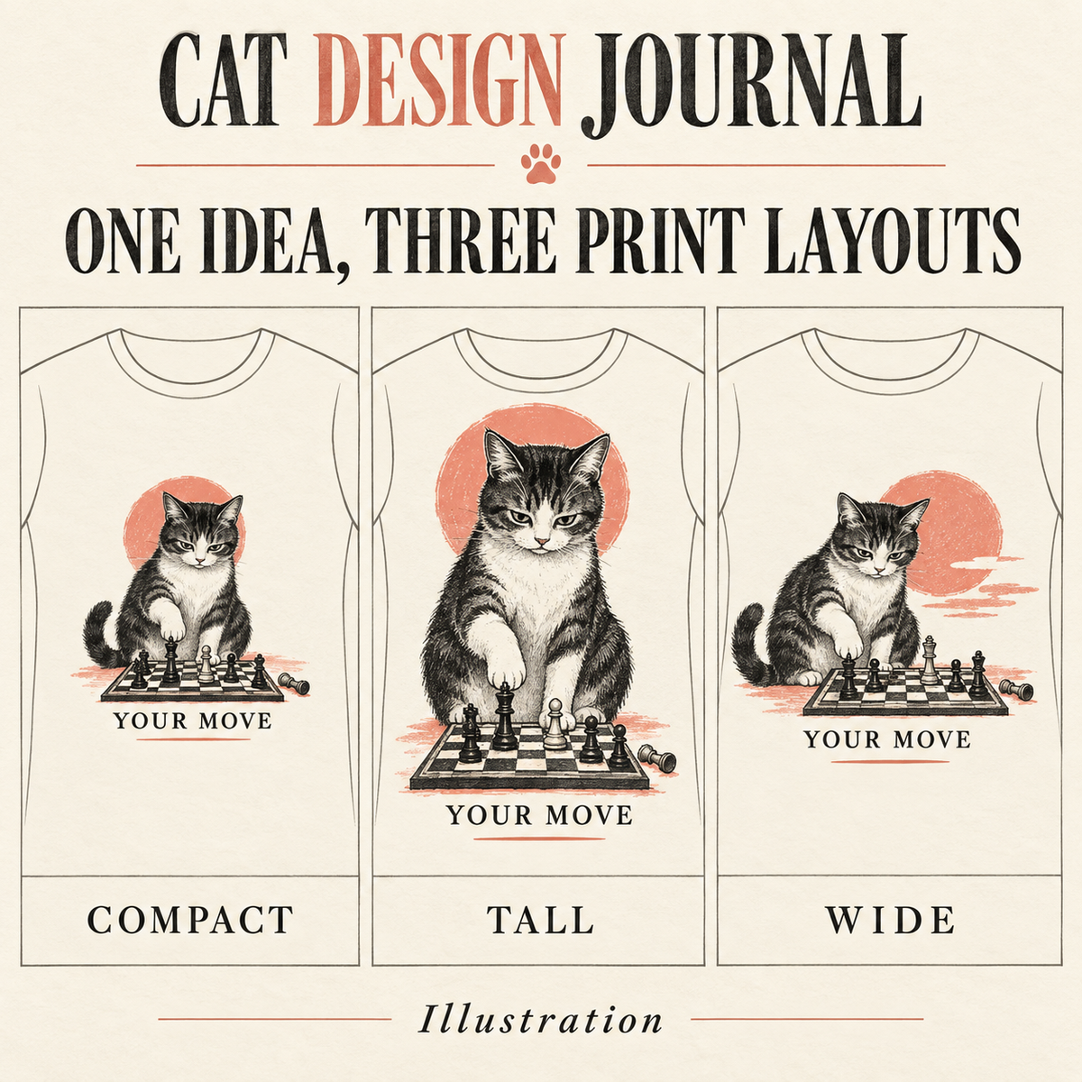 Editorial illustration comparing the same chess-playing cat arranged as compact, tall and wide front-print layouts.