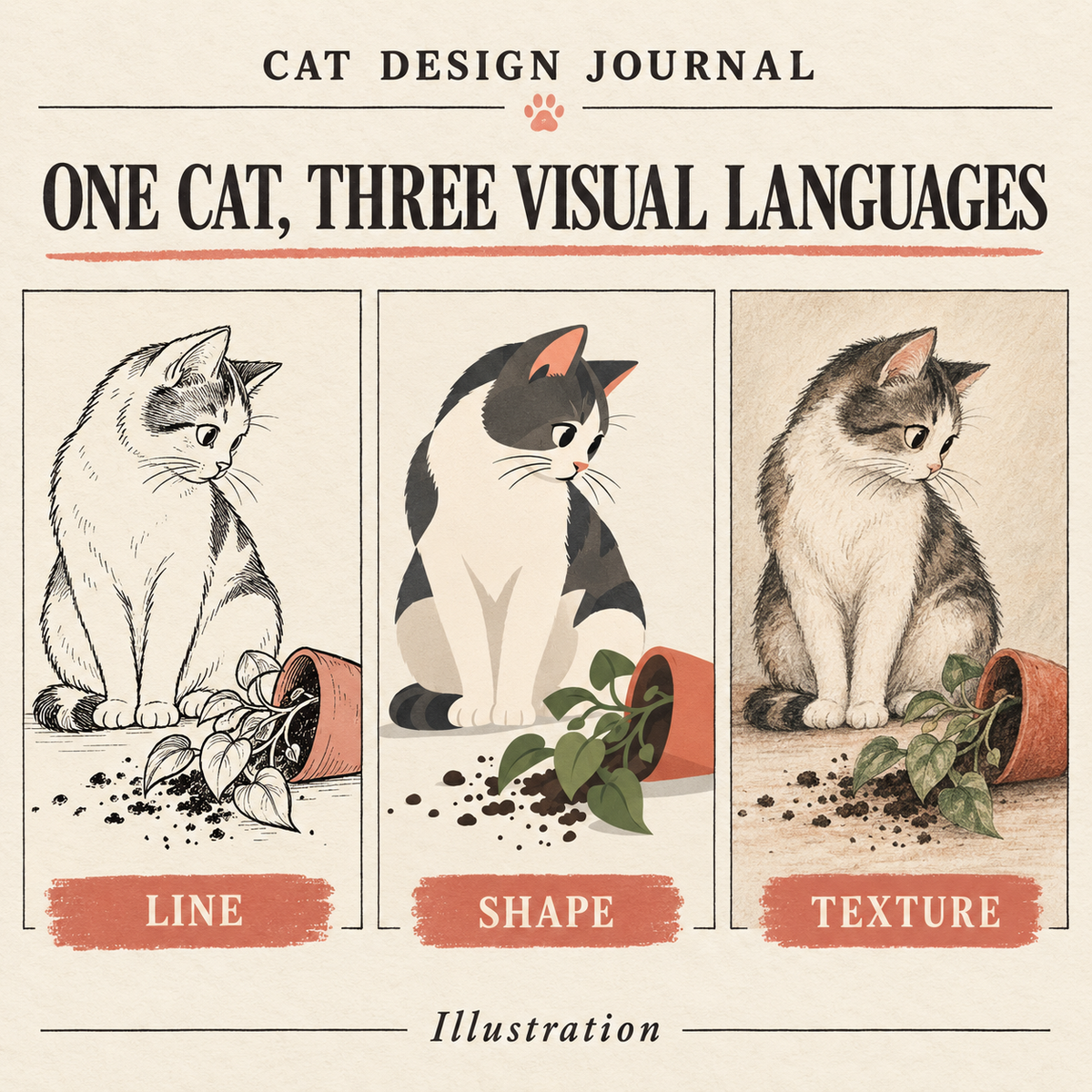 Editorial illustration comparing the same seated cat and fallen plant in line, flat-shape and textured styles.
