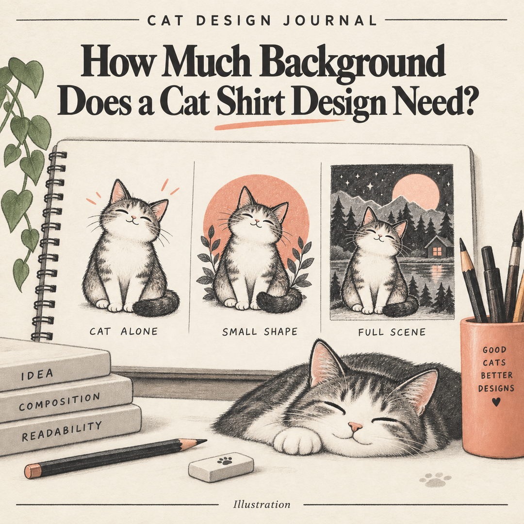 Illustrated sketchbook showing the same cat alone, with a small backing shape and in a full background scene.