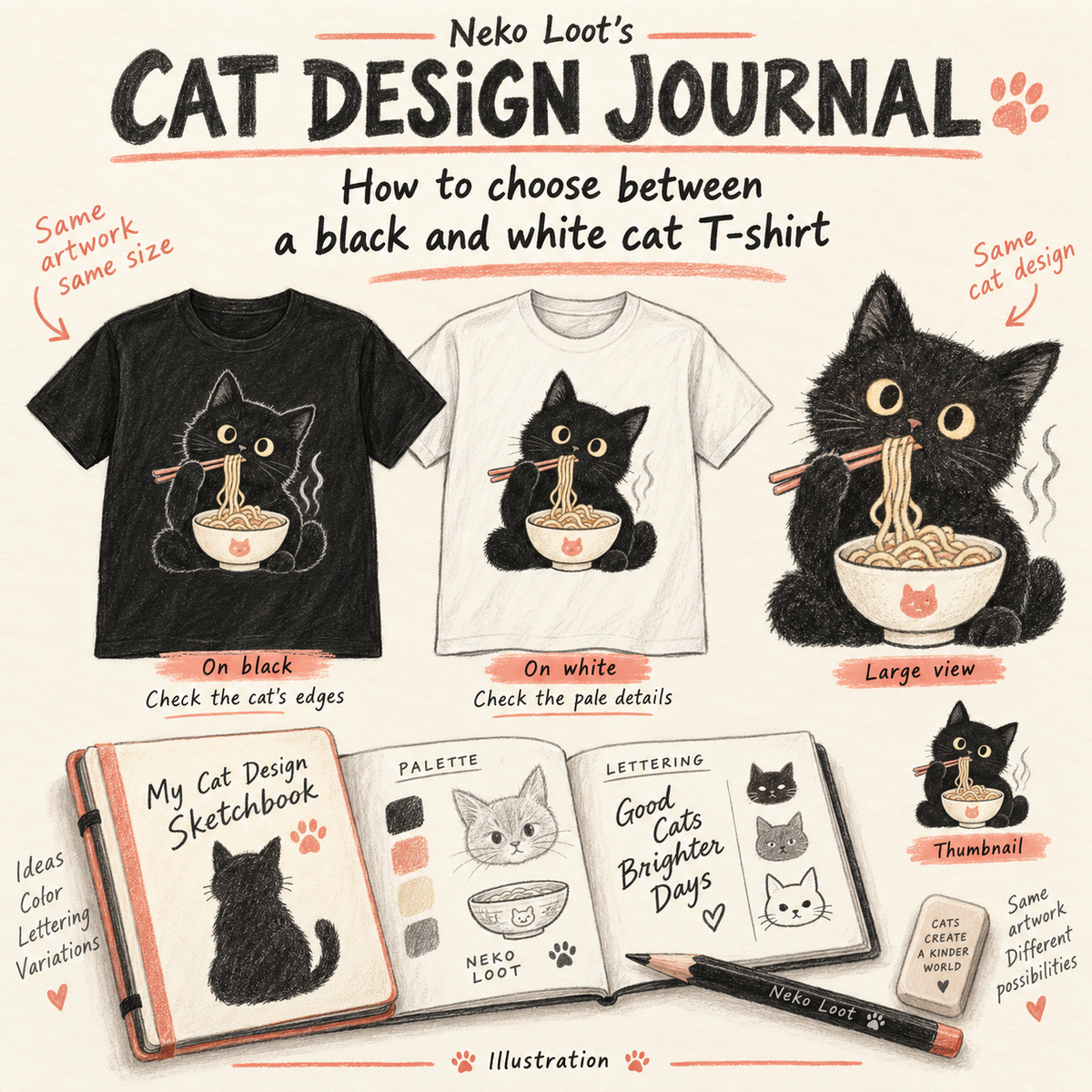 Illustrated comparison of a dark cat and pale ramen bowl design on black and white shirts, highlighting edge contrast.