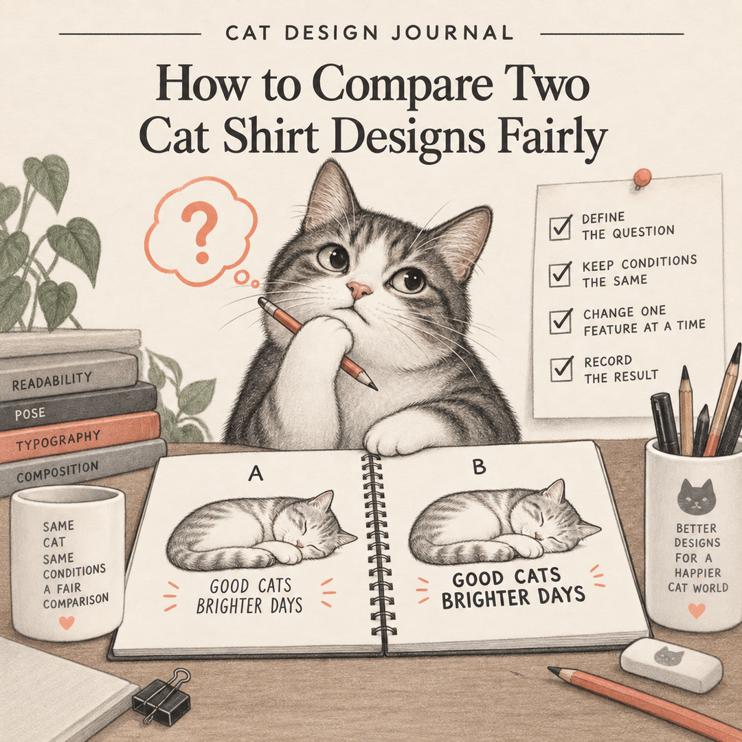 Editorial illustration of a cat reviewing two lettering treatments and a checklist for fair design comparisons.