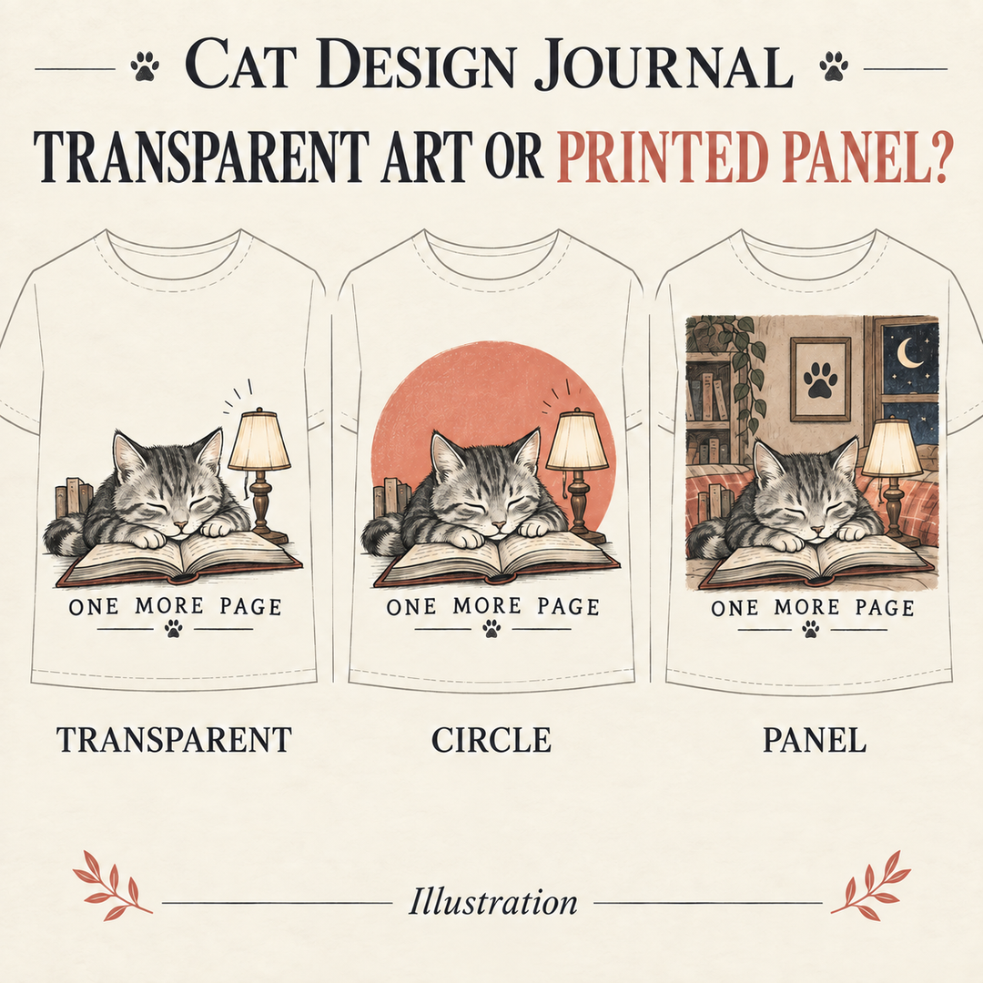 Editorial illustration comparing transparent artwork, a coral circle and a full printed room panel behind the same reading cat.