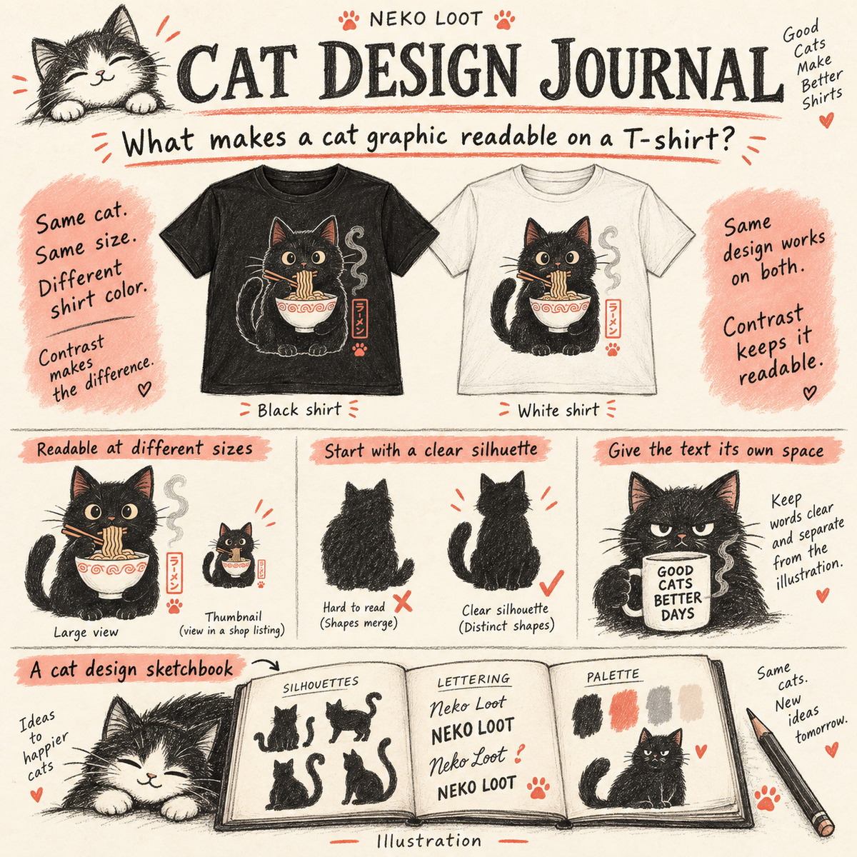 Editorial illustration exploring cat-graphic readability through contrast, silhouette, lettering and large versus thumbnail views.