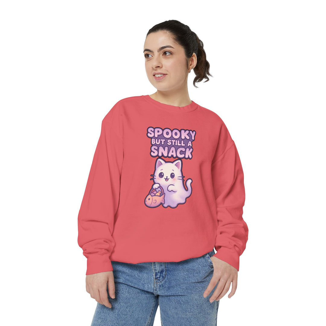 Spooky Snack Sweatshirt Featuring a Cute Ghost Cat Holding a Candy Basket with a Humorous Slogan