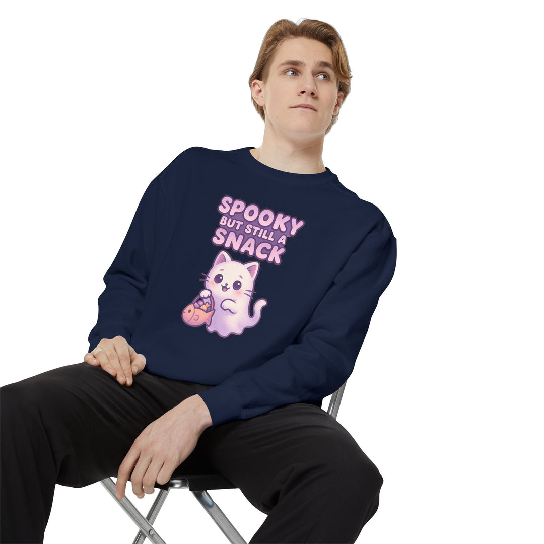 Spooky Snack Sweatshirt Featuring a Cute Ghost Cat Holding a Candy Basket with a Humorous Slogan