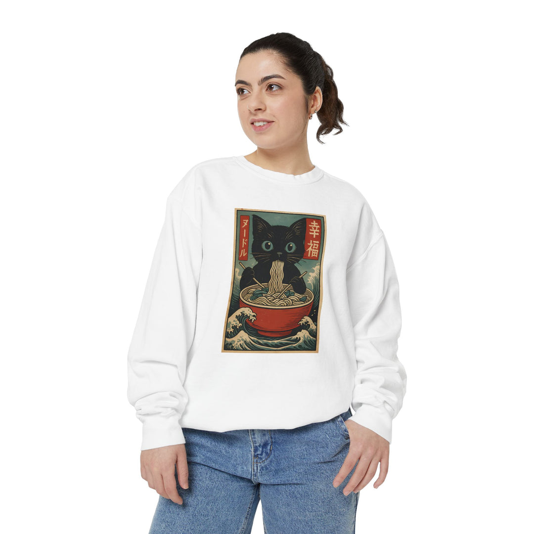 Japanese-Inspired Cat Sweatshirt Featuring a Black Cat Eating Ramen in a Classic Ukiyo-e Woodblock Art Style Cozy Unisex Sweater Cute Gift for Cat Lovers Casual Lounge Wear Perfect for Fall