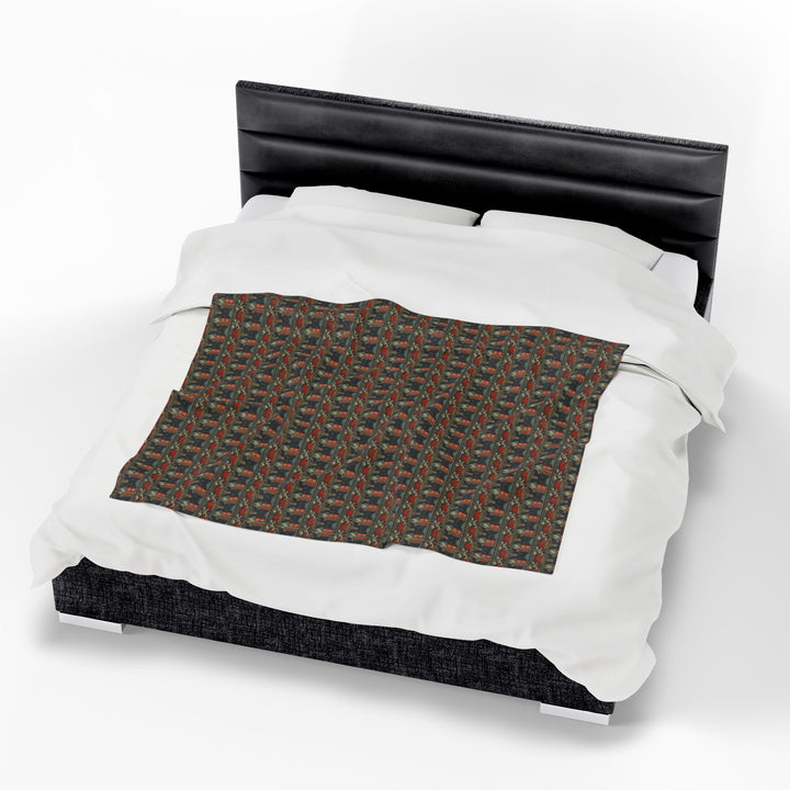 Velveteen Plush Blanket Featuring a Repeating Pattern of a Black Cat Eating Ramen in Ukiyo-e Style