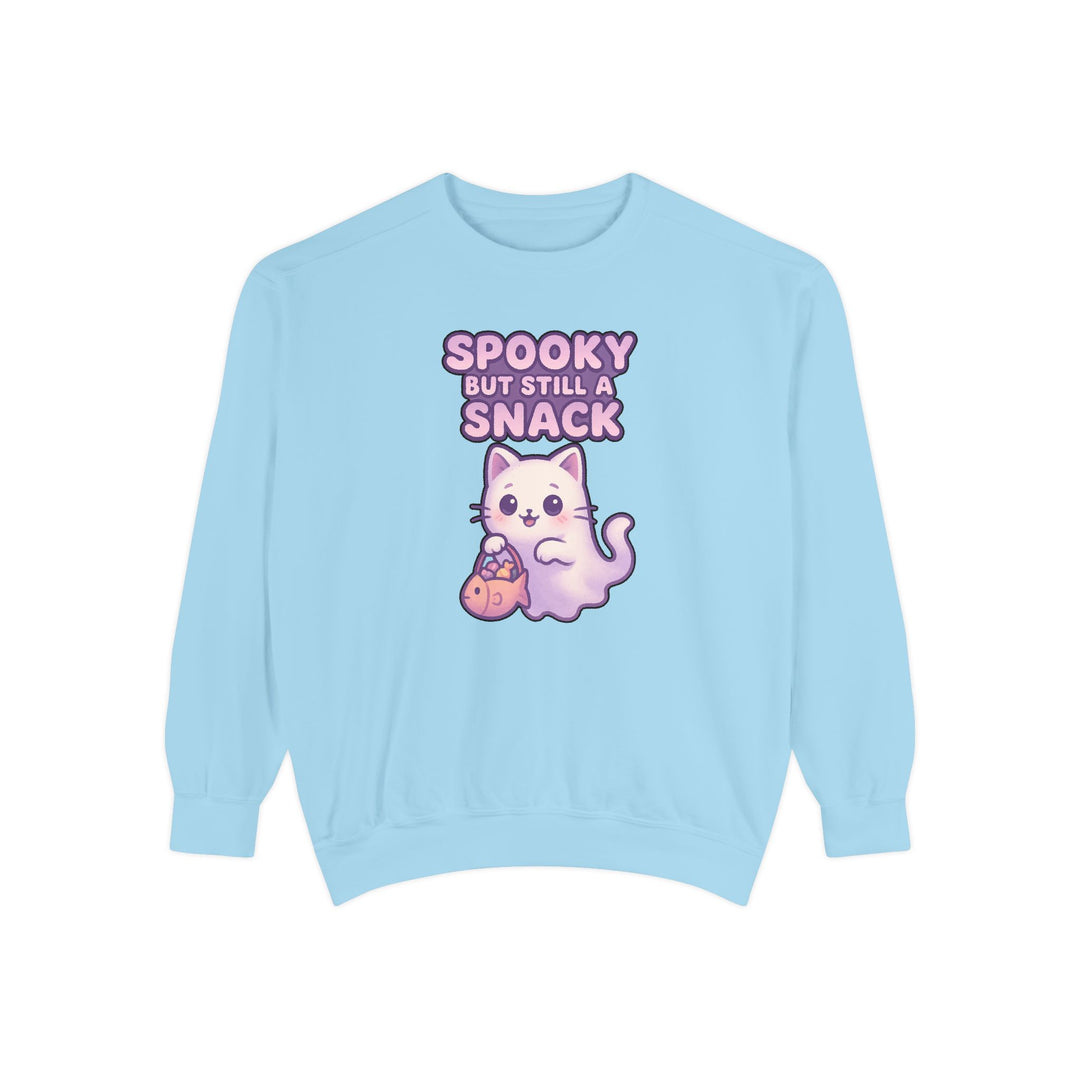 Spooky Snack Sweatshirt Featuring a Cute Ghost Cat Holding a Candy Basket with a Humorous Slogan