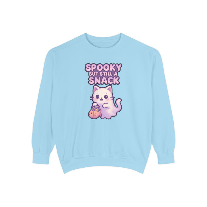 Spooky Snack Sweatshirt Featuring a Cute Ghost Cat Holding a Candy Basket with a Humorous Slogan