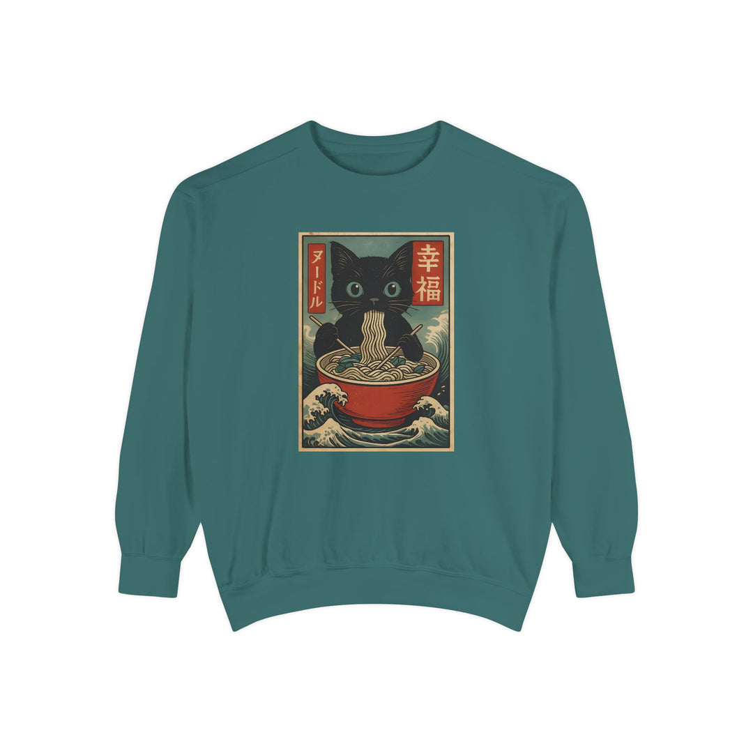 Japanese-Inspired Cat Sweatshirt Featuring a Black Cat Eating Ramen in a Classic Ukiyo-e Woodblock Art Style Cozy Unisex Sweater Cute Gift for Cat Lovers Casual Lounge Wear Perfect for Fall