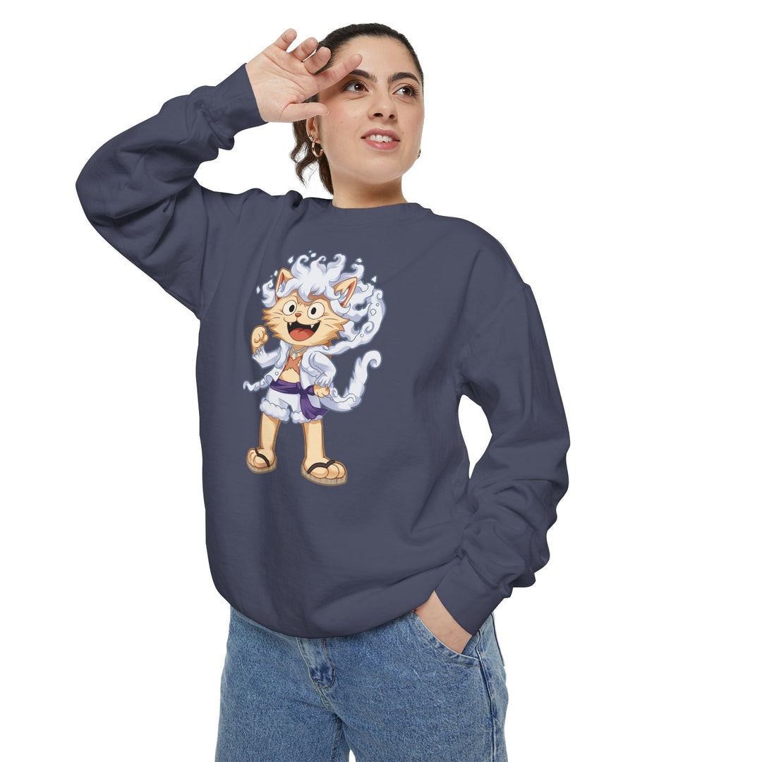 Cute Cat Character Sweatshirt Featuring a Whimsical Feline in a Cheerful Anime Inspired Pose for Fans of Unique Graphics Animal Lover Apparel Fun Fashion Casual Wear