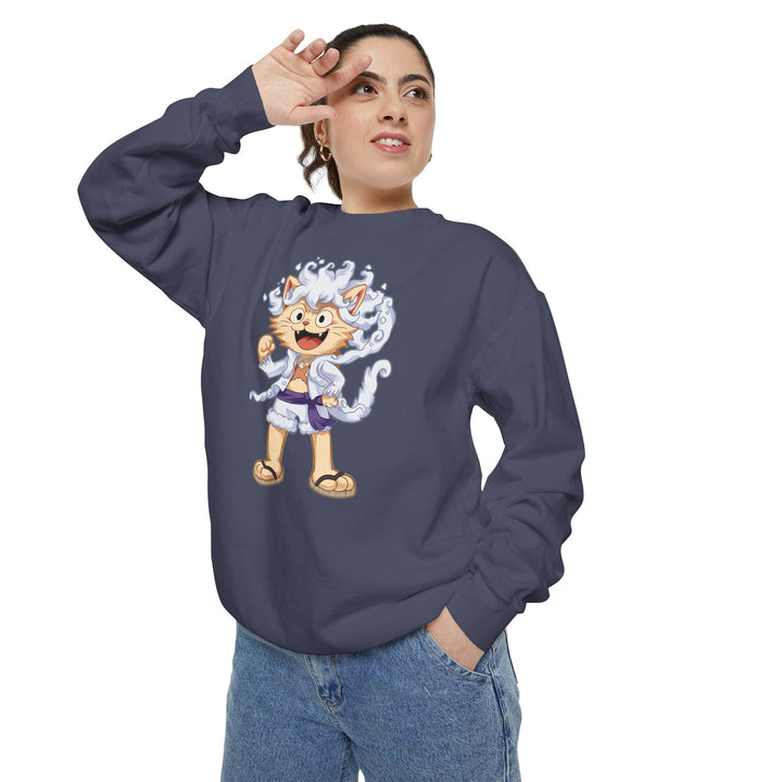 Cute Cat Character Sweatshirt Featuring a Whimsical Feline in a Cheerful Anime Inspired Pose for Fans of Unique Graphics Animal Lover Apparel Fun Fashion Casual Wear