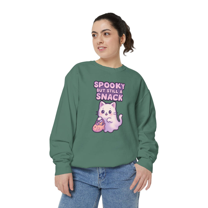 Spooky Snack Sweatshirt Featuring a Cute Ghost Cat Holding a Candy Basket with a Humorous Slogan