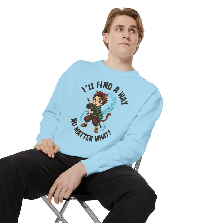 Motivational Unisex Sweatshirt with an Anime-Inspired Cat Demon Slayer and the Slogan "I'll Find a Way No Matter What Inspirational Gift Cozy Fashion Everyday Wear Unique Statement Piece