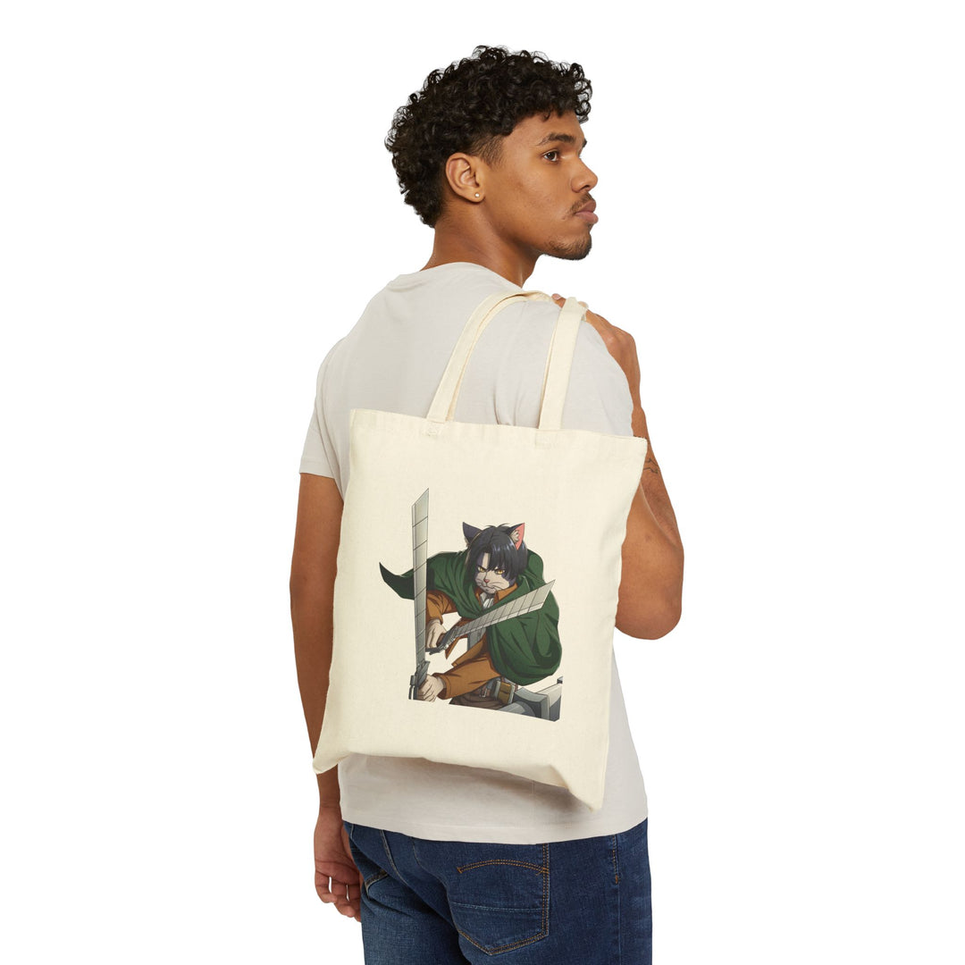 Cute Cat Warrior Cotton Canvas Tote Bag, Eco-Friendly Shopping Tote, Anime Tote, Cute Gift for Pet Lovers, Durable Shoulder Bag