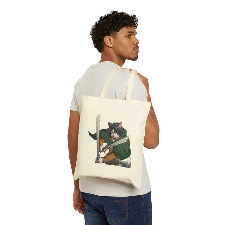 Cute Cat Warrior Cotton Canvas Tote Bag, Eco-Friendly Shopping Tote, Anime Tote, Cute Gift for Pet Lovers, Durable Shoulder Bag