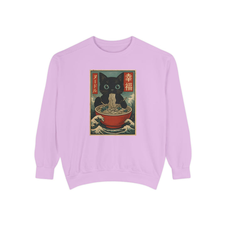 Japanese-Inspired Cat Sweatshirt Featuring a Black Cat Eating Ramen in a Classic Ukiyo-e Woodblock Art Style Cozy Unisex Sweater Cute Gift for Cat Lovers Casual Lounge Wear Perfect for Fall