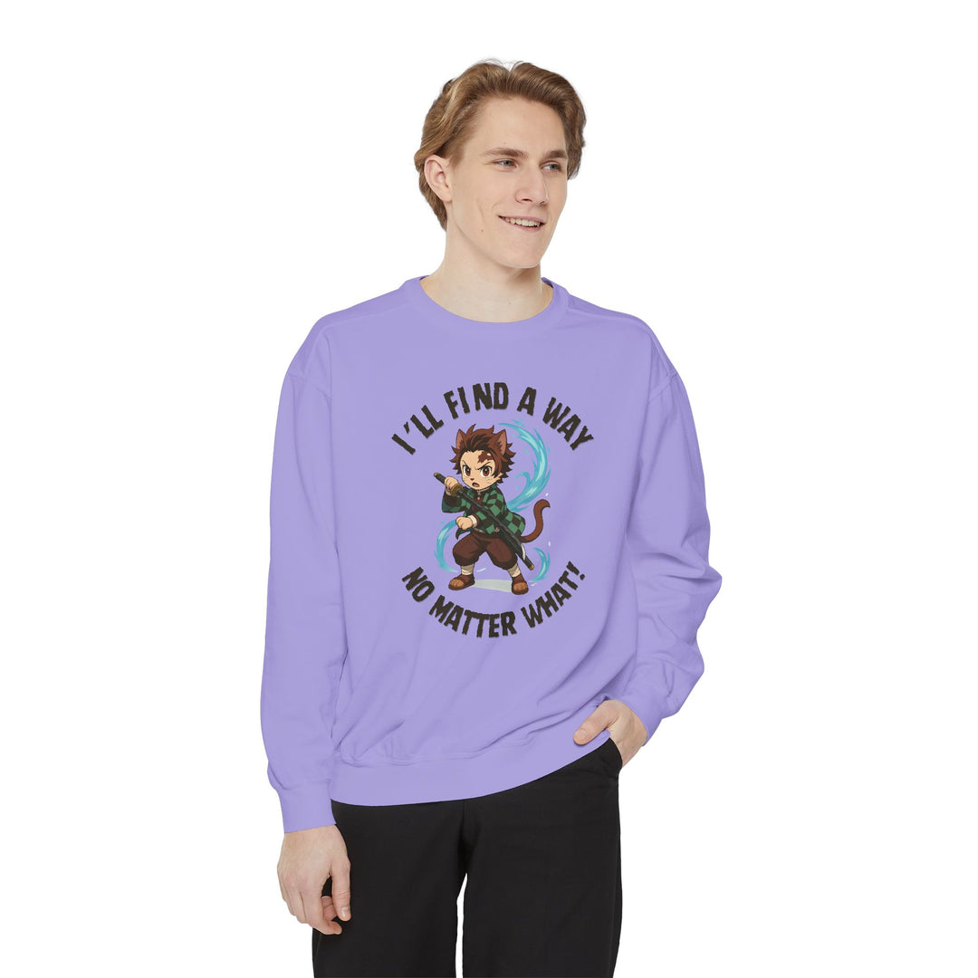 Motivational Unisex Sweatshirt with an Anime-Inspired Cat Demon Slayer and the Slogan "I'll Find a Way No Matter What Inspirational Gift Cozy Fashion Everyday Wear Unique Statement Piece