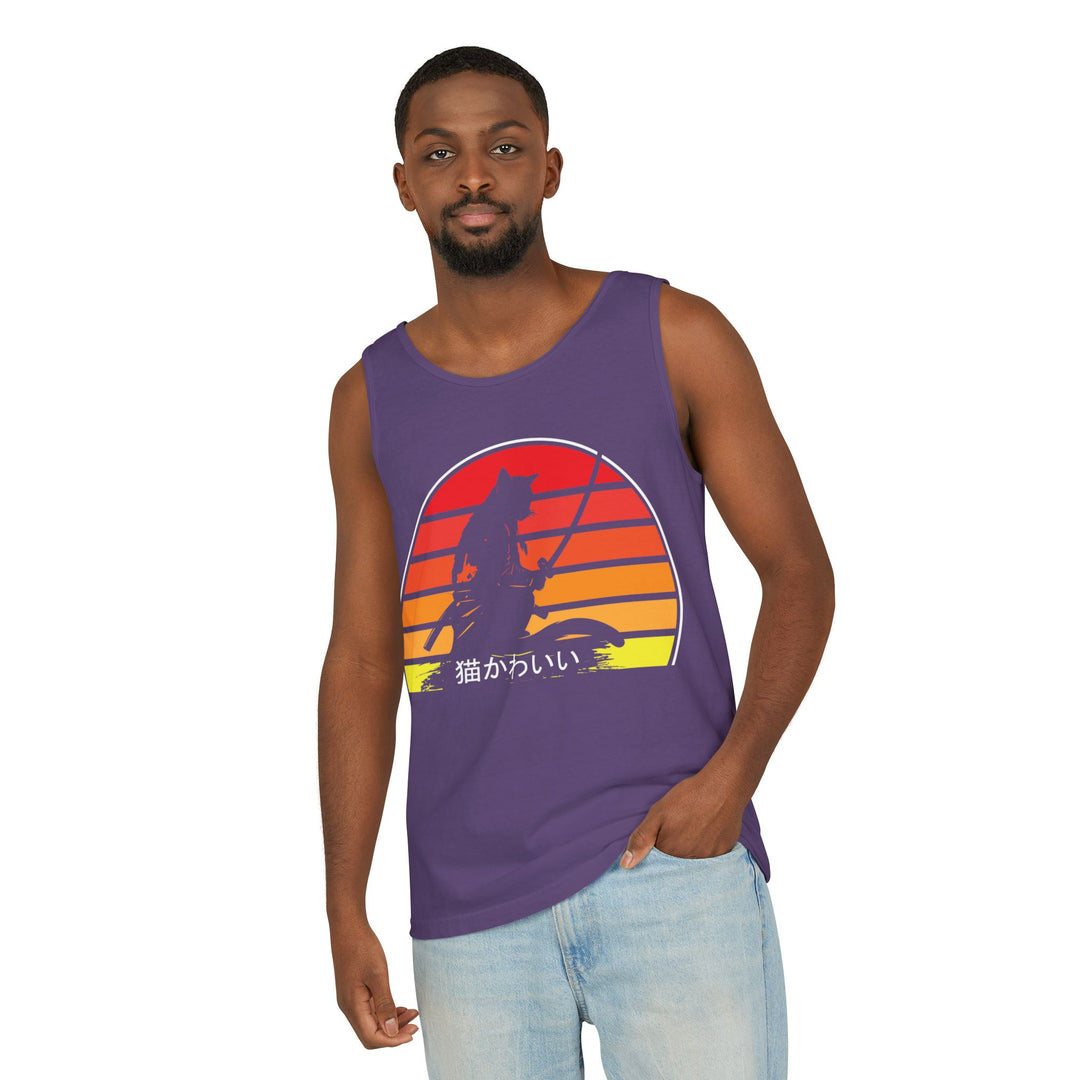 Sunset Cat Tank Top, Unisex Summer Top, Beachwear, Casual Workout Shirt, Gift for Cat Lovers