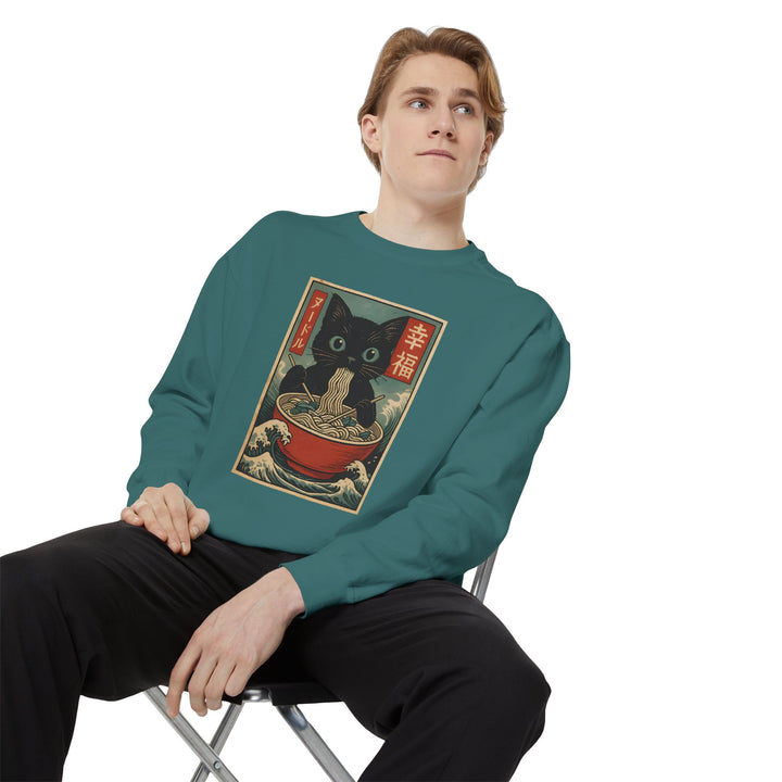 Japanese-Inspired Cat Sweatshirt Featuring a Black Cat Eating Ramen in a Classic Ukiyo-e Woodblock Art Style Cozy Unisex Sweater Cute Gift for Cat Lovers Casual Lounge Wear Perfect for Fall