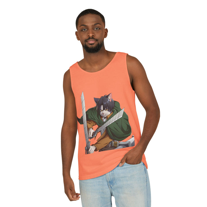 Anime Cat Warrior Tank Top, Unisex Graphic Tee, Cute Anime Apparel, Summer Fashion, Gift for Anime Fans