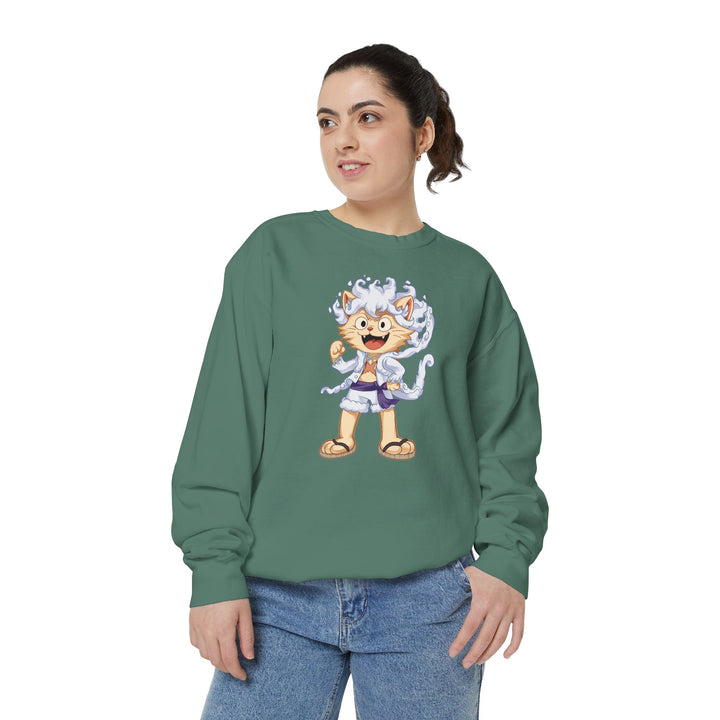 Cute Cat Character Sweatshirt Featuring a Whimsical Feline in a Cheerful Anime Inspired Pose for Fans of Unique Graphics Animal Lover Apparel Fun Fashion Casual Wear