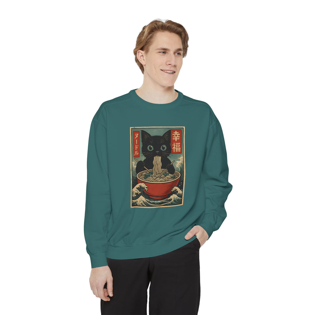 Japanese-Inspired Cat Sweatshirt Featuring a Black Cat Eating Ramen in a Classic Ukiyo-e Woodblock Art Style Cozy Unisex Sweater Cute Gift for Cat Lovers Casual Lounge Wear Perfect for Fall