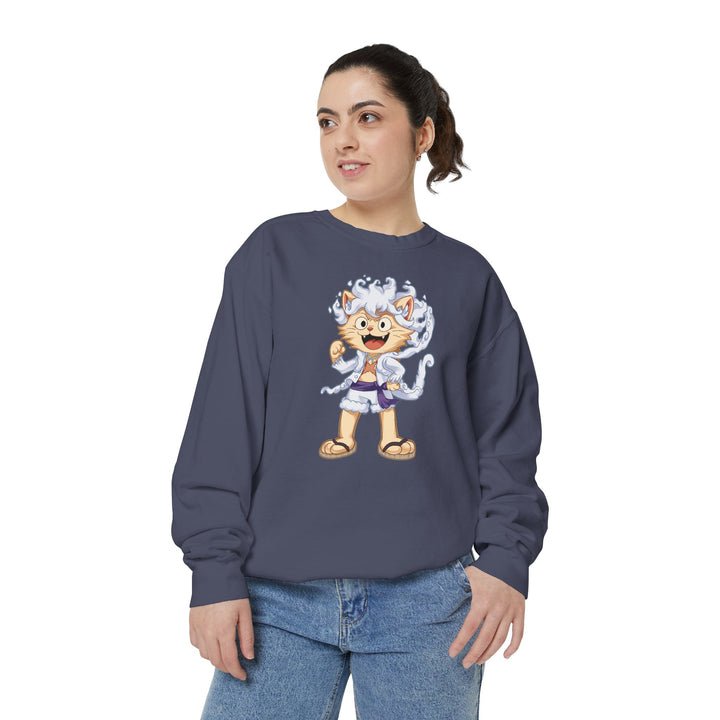 Cute Cat Character Sweatshirt Featuring a Whimsical Feline in a Cheerful Anime Inspired Pose for Fans of Unique Graphics Animal Lover Apparel Fun Fashion Casual Wear